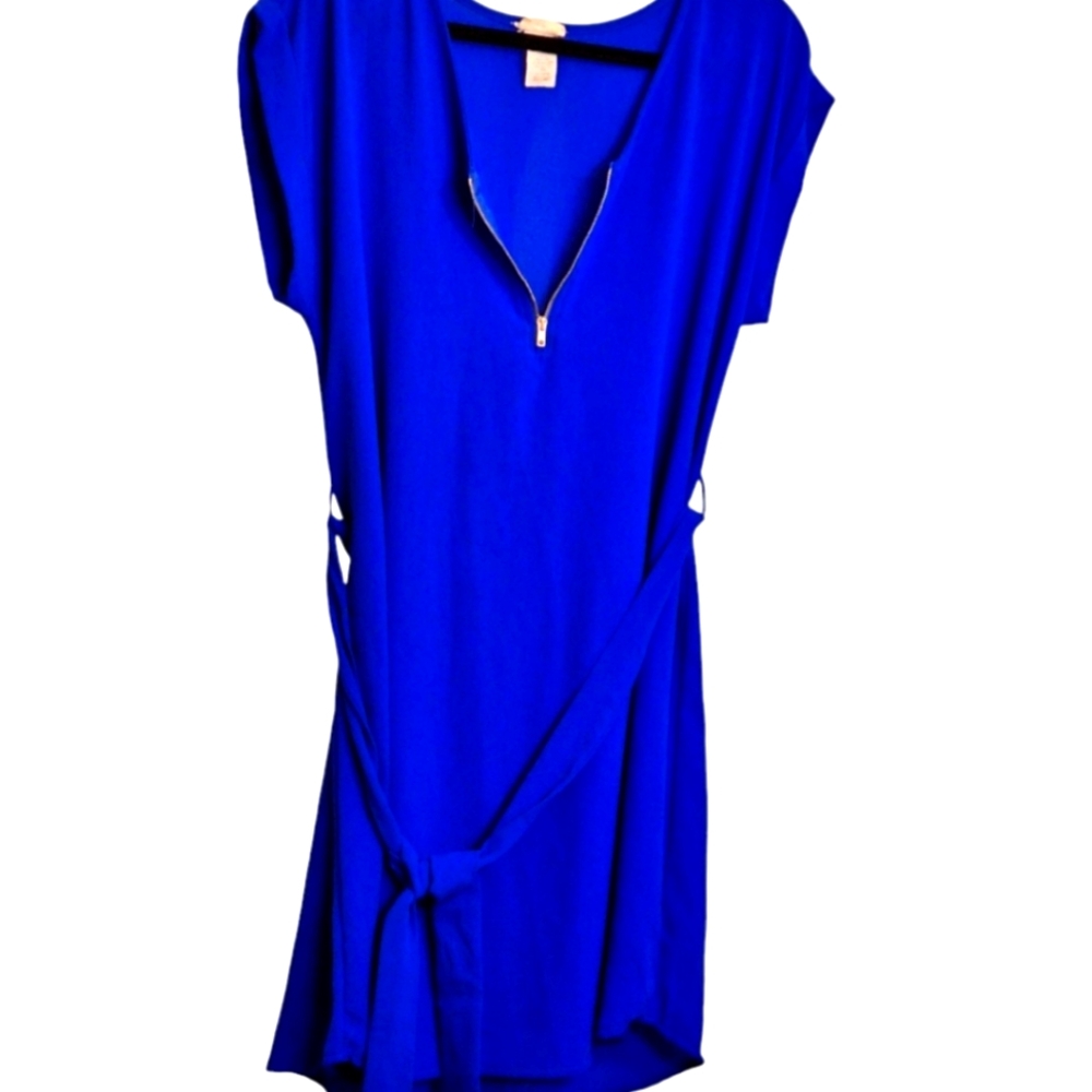 ❤️Tovia Dress SZ: Large XL Royal Blue Silver Zipper-Up V- Neck Short-Sleeve Belt